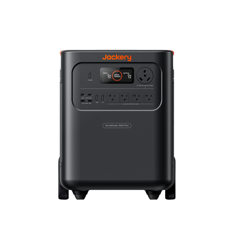 A black Jackery portable power station with 3584Wh capacity, front-facing outlets and USB ports, an orange Jackery logo on top, and a central digital display showing battery percentage.