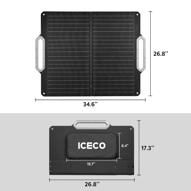 The ICECO Wholesale foldable solar panel has an 80W capacity and a high conversion rate. When fully open, it measures 34.6" x 26.8", and folds to 26.8" x 17.3" with a carry handle, displaying the brand name prominently on the folded section.
.