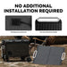 The image features an ICECO Wholesale foldable 80W solar panel with a high conversion rate, waterproof junction box, and corrosion-resistant handle. A cooler and camping chair are in the background. Text reads "No Additional Installation Required.