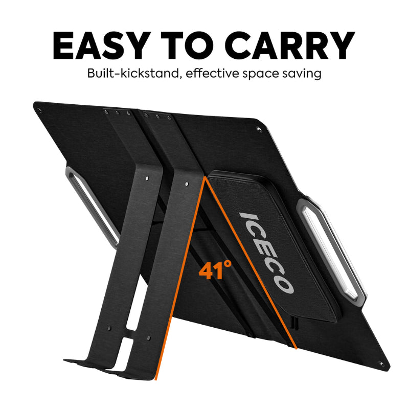 A black ICECO Wholesale foldable laptop stand is displayed with "EASY TO CARRY" and "Built-kickstand, effective space saving.” It's positioned at a 41-degree angle with built-in handles, resembling our innovative 80W foldable solar panels.