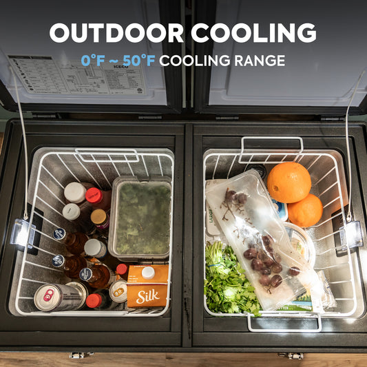 ICECO Wholesale's portable fridge freezer, designed as an open outdoor cooler with dual zone compartments, displays various food items and drinks inside. The left compartment holds bottles and a carton, while the right contains oranges, a plastic-wrapped package, and fresh greens. It features a cooling range from 0°F to 50°F.