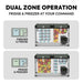 ICECO Wholesale presents a diagram highlighting a dual zone refrigerator with unique sections. The top image displays the left section functioning as a freezer while the right operates as a fridge, and the bottom image switches this configuration. Both sections are stocked with food items and efficiently powered by a Secop compressor to ensure optimal cooling.