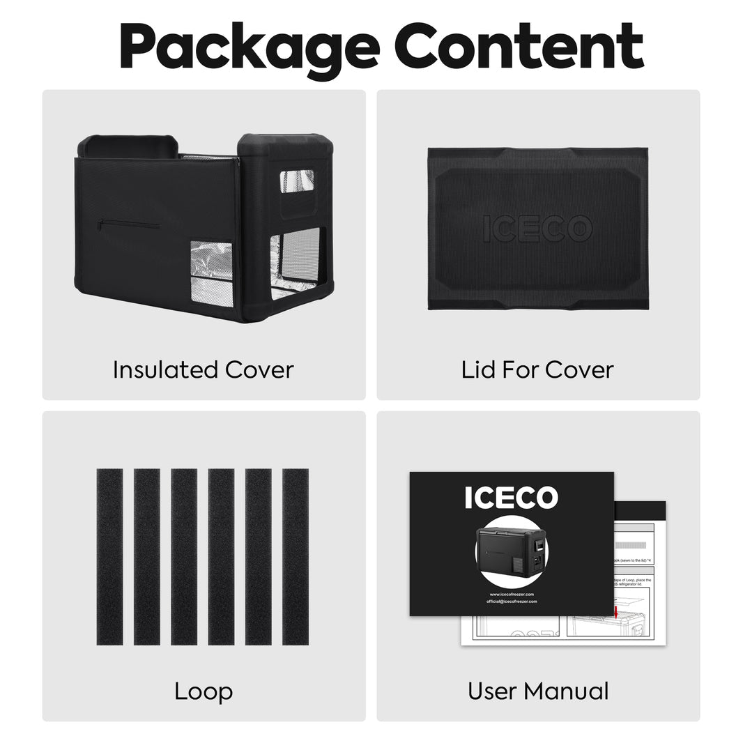 The package content image features a portable freezer cover from ICECO Wholesale with an insulated design, tailored to fit the ICECO VL45 Pro. It comes with a lid for improved thermal insulation performance, multiple loop attachments, and includes a user manual.