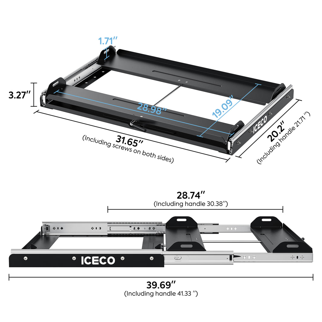 A diagram of the ICECO Wholesale fridge slide highlights a durable 3-position lock. Top view dimensions are 31.65"L x 20.2"W with a slide width of 19.09". Side view: 39.69"L x 3.27"H, perfect for securely mounting ICECO portable fridges.
.