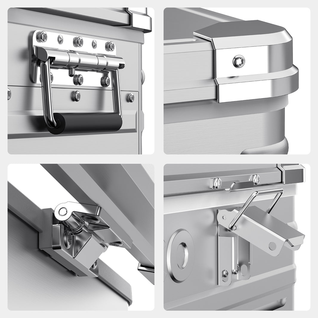 A collage of four images showcases an ICECO Wholesale portable cooling case: top left features a handle, top right shows a metal-reinforced corner, bottom left has a latch, and bottom right displays a hinge. Ideal for maintaining temperatures within its deep cooling range.