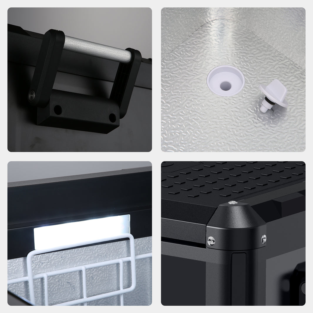 Collage of four images showcasing features of the ICECO Wholesale black chest freezer: a handle, a drain plug, a wire basket with an integrated light, and a corner with textured surface detail that emphasizes its durable construction.