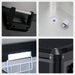 Collage of four detailed images featuring ICECO Wholesale products: a black handle with a metallic grip, a plug set into a textured surface, an interior light illuminating a storage basket, and rugged construction displaying the corner of a black metal structure with a textured top, secured with screws.