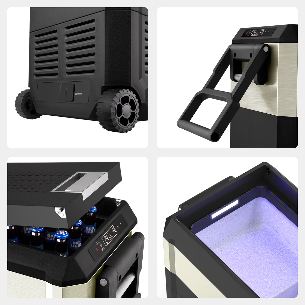 A collage features the ICECO Wholesale portable cooler: top left shows rear with wheels, top right highlights extended handle, bottom left displays open lid with bottles, and bottom right showcases interior lighting with dual-zone cooling for versatile storage.