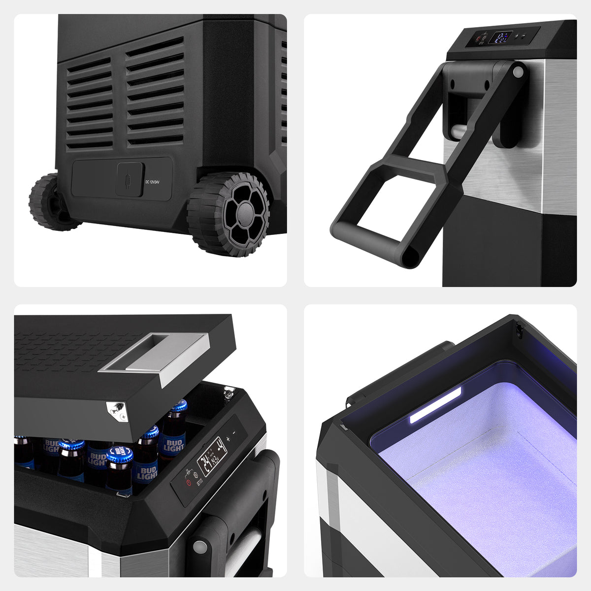 Four images highlight details of the ICECO Wholesale portable refrigerator: wheels and vent, handle, open lid showing drinks and control panel, and empty interior with LED light. The cooler features a modern black and silver design.