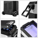 Four images highlight details of the ICECO Wholesale portable refrigerator: wheels and vent, handle, open lid showing drinks and control panel, and empty interior with LED light. The cooler features a modern black and silver design.