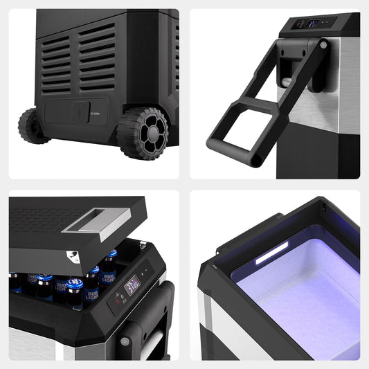 ICECO Wholesale JP40 Pro collage: top left shows wheels and vent, top right highlights handle, bottom left displays open lid with bottled drinks, and bottom right shows an empty interior with light. Features SECOP compressor for efficient dual zone cooling.