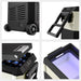 The ICECO Wholesale portable fridge collage features: top left, wheels and vent; top right, a pulling handle; bottom left, an open lid with cans showcasing its cooling range; bottom right, an illuminated interior. Bluetooth App Control adds to its convenience.