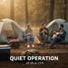 Three campers relax by a fire between two tents, sipping from mugs. A PowerSmart portable generator sits nearby, providing quiet inverter camping power. Text reads: "QUIET OPERATION 49 dB at 23 ft.