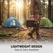 A person carries a quiet PowerSmart inverter generator through a forest campsite with blue and green tents among the trees. Text at the bottom reads, "LIGHTWEIGHT DESIGN Easy to Carry Anywhere.