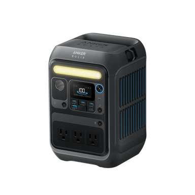 The Anker SOLIX portable power station features a digital display, LED light bar, three AC outlets, multiple USB ports, and vented side panels—reliable backup power from Anker for outdoor adventures or emergencies.