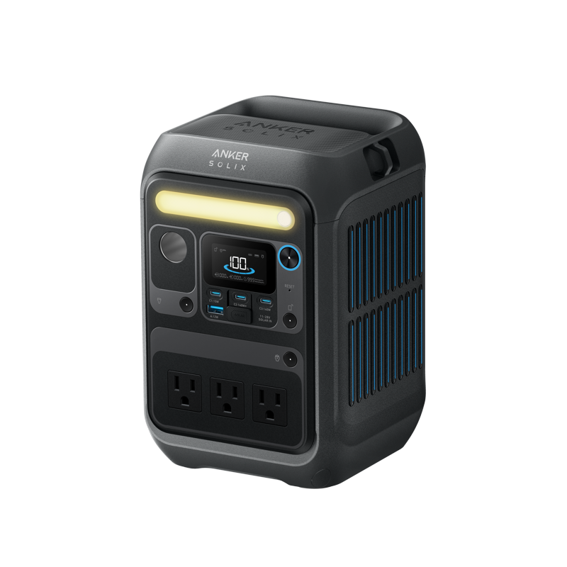The Anker SOLIX portable power station features a digital display, LED light bar, three AC outlets, multiple USB ports, and vented side panels—reliable backup power from Anker for outdoor adventures or emergencies.