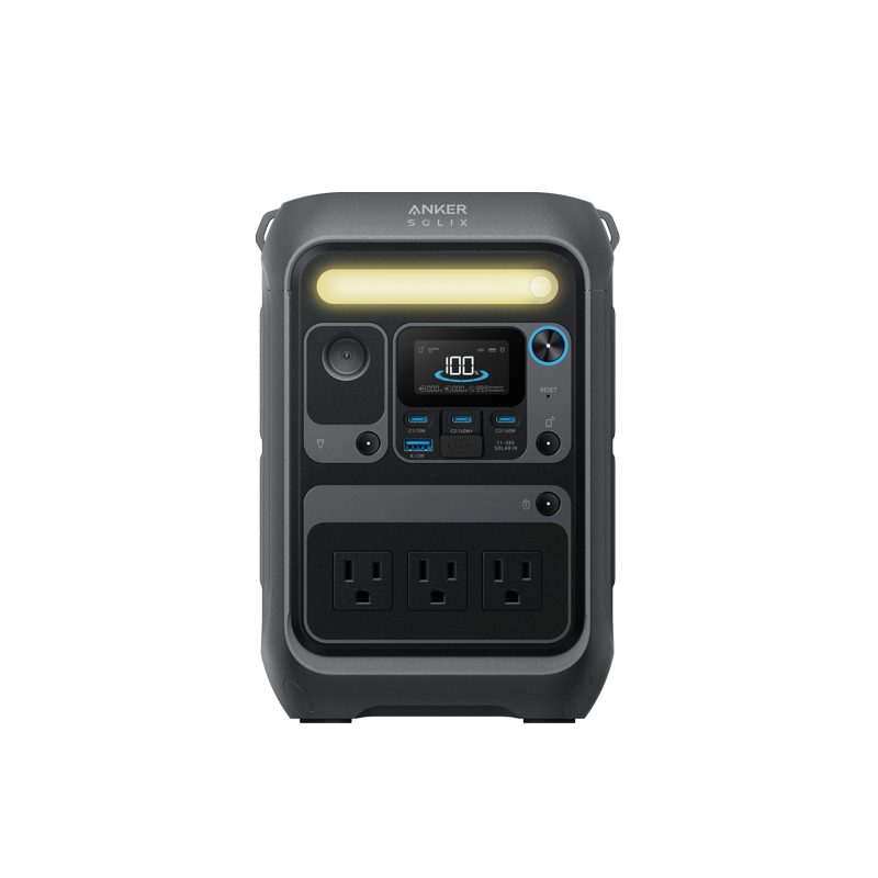 The Anker portable power station features a digital display, multiple USB ports, three AC outlets, a circular dial, and a horizontal LED light bar on top, showcasing the brand’s reliable performance and innovative design.