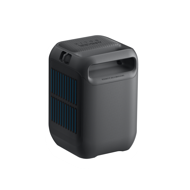 A compact Anker portable electronic device in black, featuring a top handle and blue vent-style slats on one side, shown against a plain background.