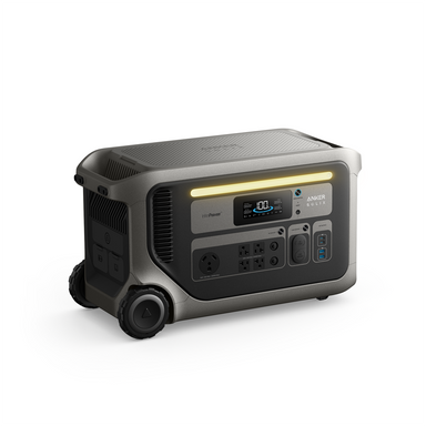 The Anker Solix F3000 portable power station from Anker offers a digital display, multiple outlets, USB ports, and wheels for easy transport—perfect as a solar generator or dependable backup power source.