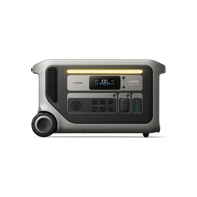 The Anker Solix F3000 is a grey portable power station and backup solution with a digital display, multiple outlets, USB ports, control buttons, a top handle, and two wheels for easy transport.
