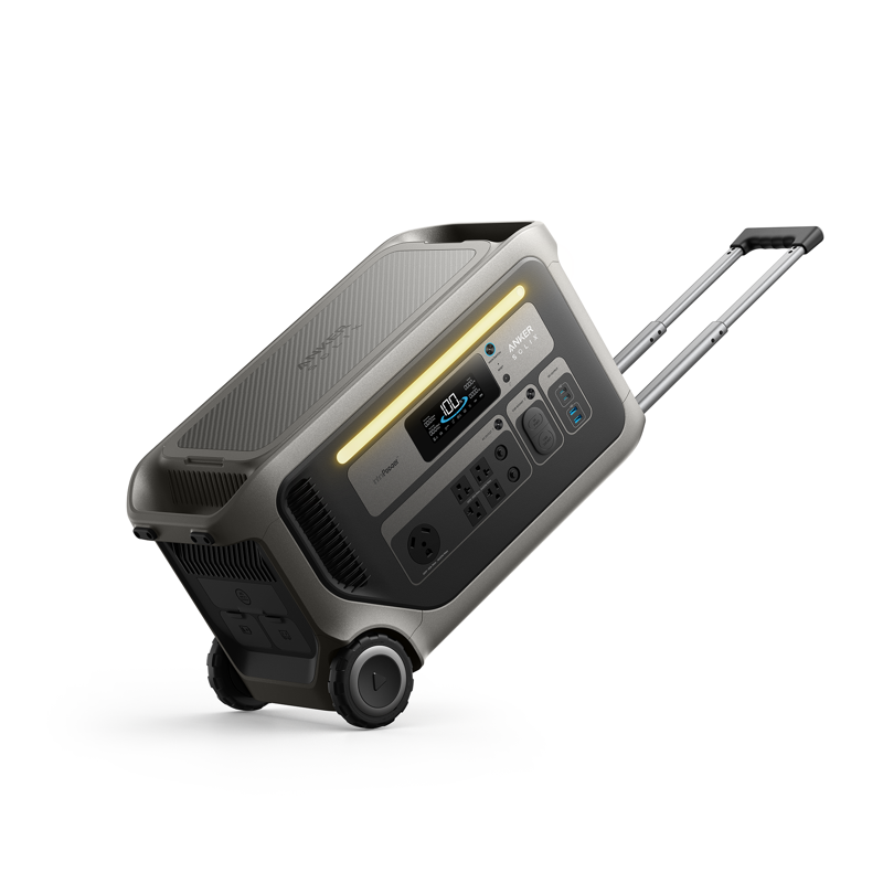 The Anker Solix F3000 portable power station features wheels, an extended handle, multiple power outlets, a digital display, and front input ports—ideal as a backup solar generator that’s easy to transport.