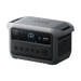 An Anker portable SOLIX power station featuring a digital display, control button, multiple AC outlets, and a rugged gray and black exterior is shown on a plain white background.