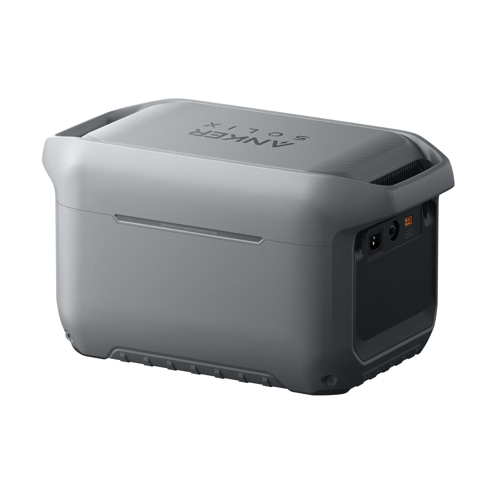 A gray Anker portable power station with a rectangular shape, rounded edges, textured base, and visible ports and controls on one side is shown against a plain white background.