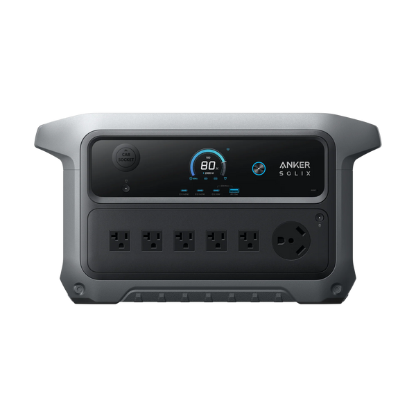 A portable Anker power station features four standard outlets, one round outlet, a display showing 80% battery, and "Anker" labeled at the top right of the front panel.