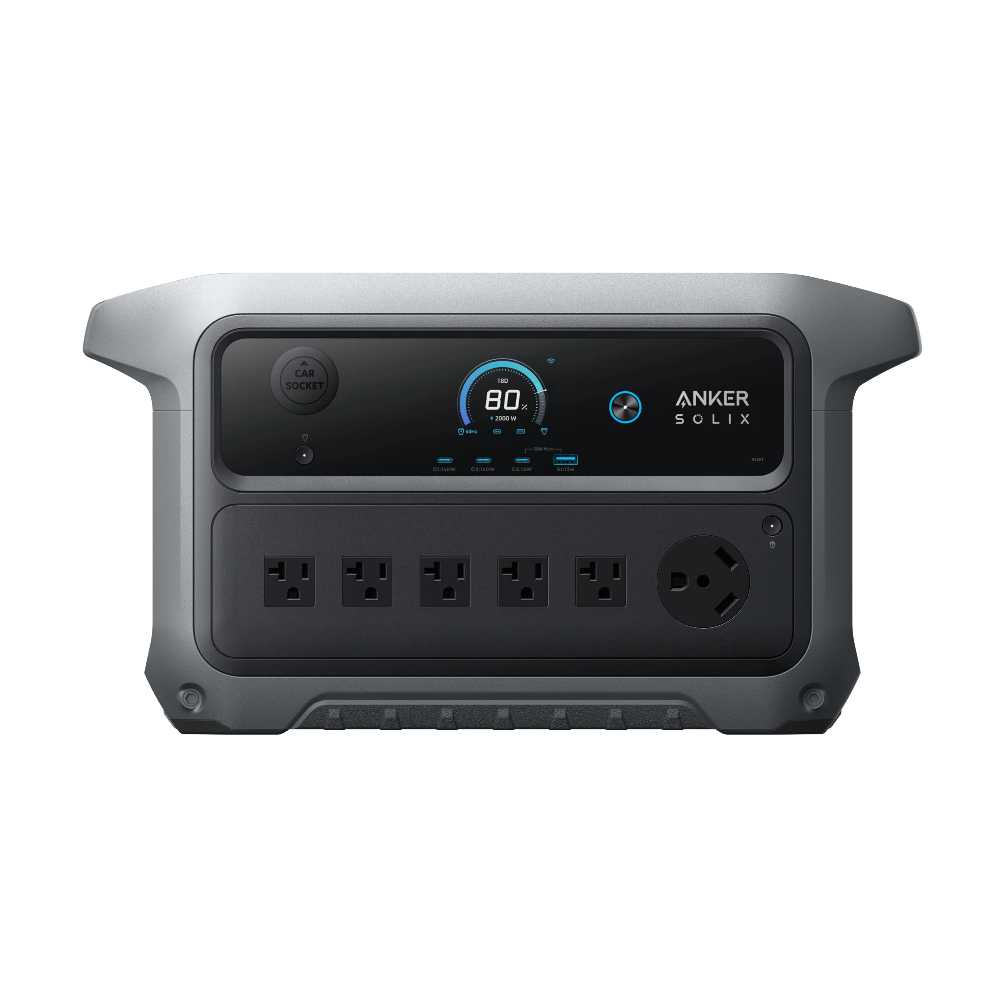 A portable Anker power station features four standard outlets, one round outlet, a display showing 80% battery, and "Anker" labeled at the top right of the front panel.