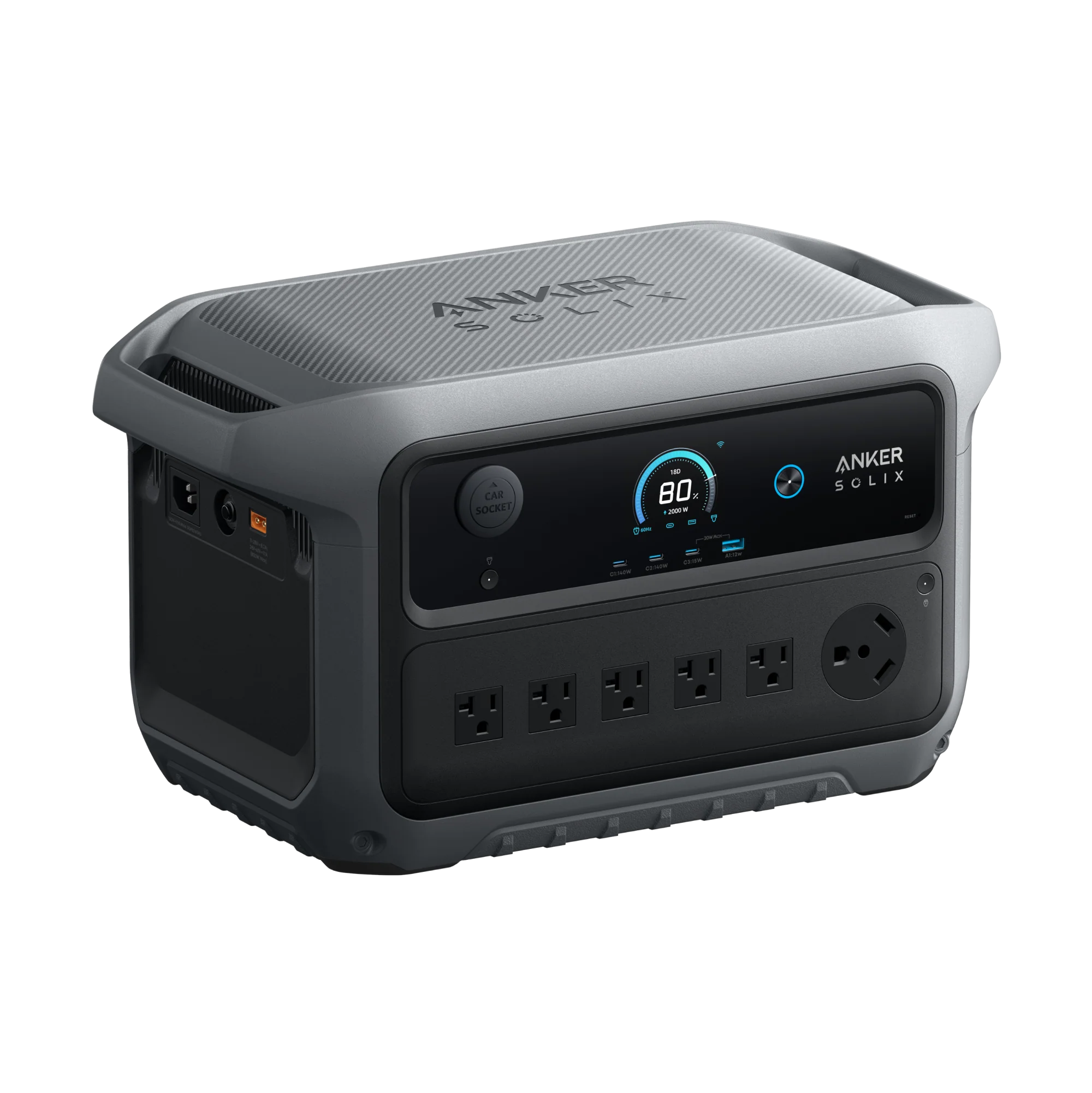 An Anker Solix portable power station in gray features a digital display, six AC outlets, a circular outlet, and multiple side ports, all set against a plain white background.