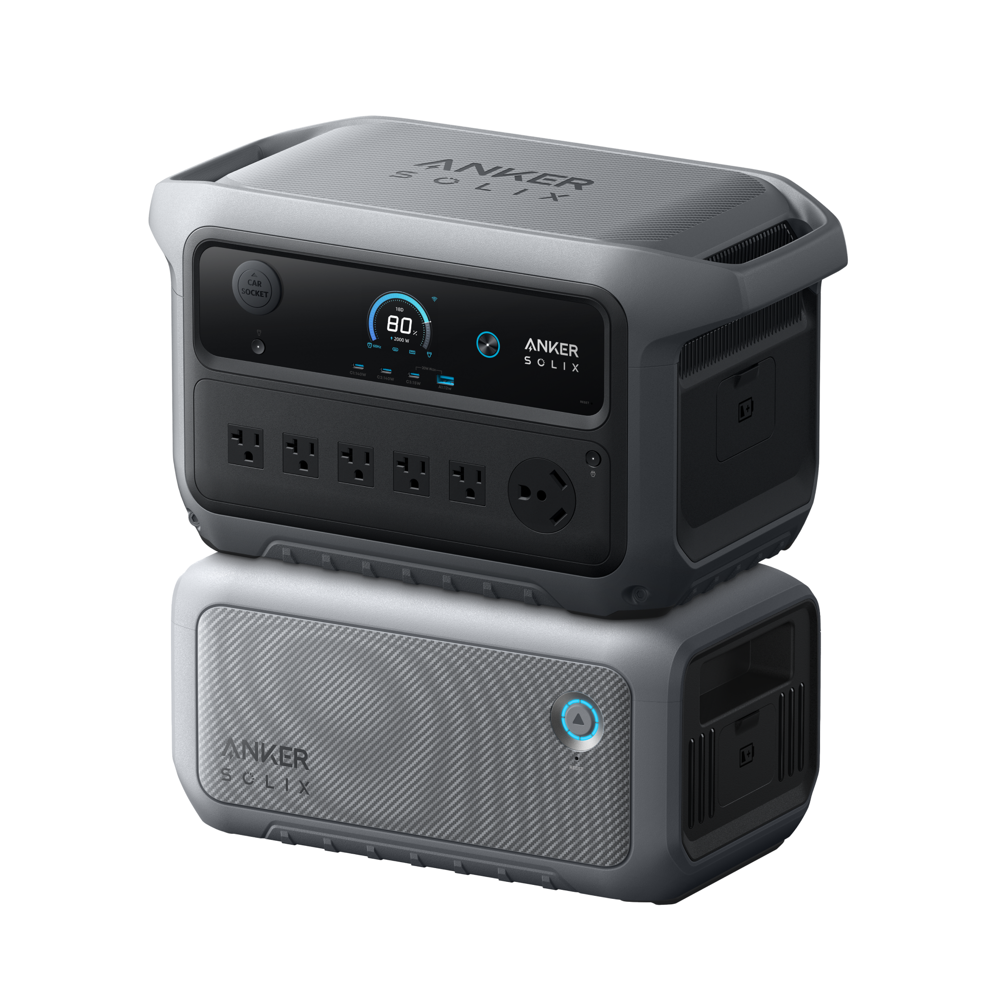 Anker SOLIX C2000 Gen 2 power station stacked on the BP2000 expansion battery showing how they connect