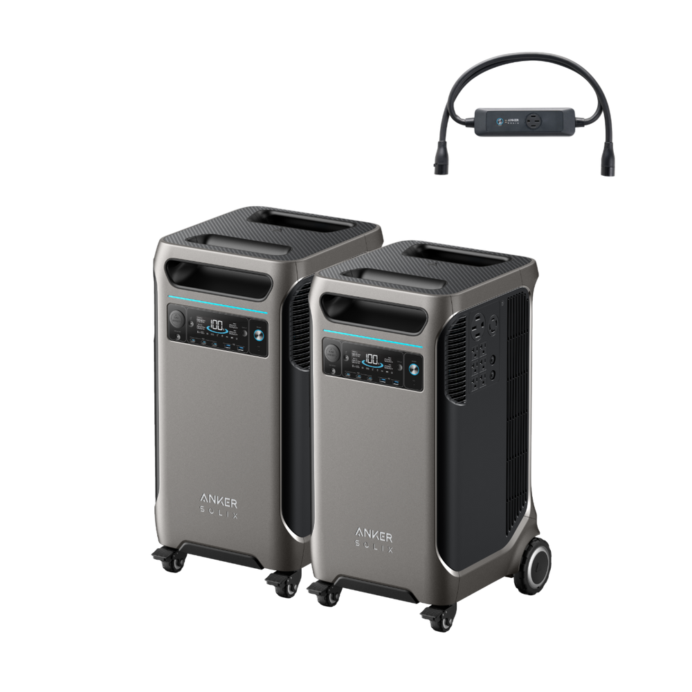Displayed above are two Anker SOLIX F3800 portable power stations, celebrated for their sleek design and equipped with wheels for easy movement and prominent control panels. Portability is further enhanced by handles on top. Accompanying them is an accessory with a short cable, integrating seamlessly with this dual power hub system.
