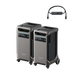 Displayed above are two Anker SOLIX F3800 portable power stations, celebrated for their sleek design and equipped with wheels for easy movement and prominent control panels. Portability is further enhanced by handles on top. Accompanying them is an accessory with a short cable, integrating seamlessly with this dual power hub system.