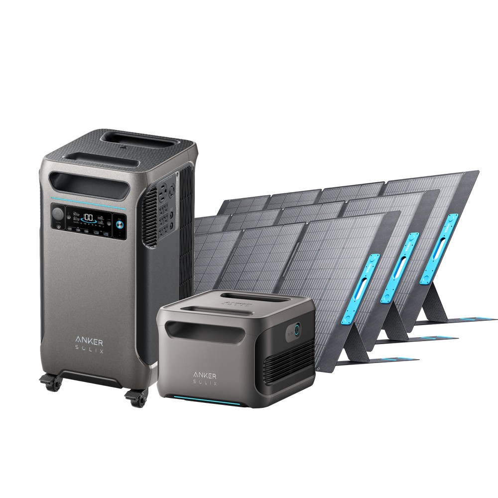 Explore the Anker SOLIX F3800 configuration, a flexible portable power station that includes a spacious wheeled unit and a smaller companion. It features four solar panels aligned in a row, digital displays, and various connectors, making it perfect for fueling your adventures.