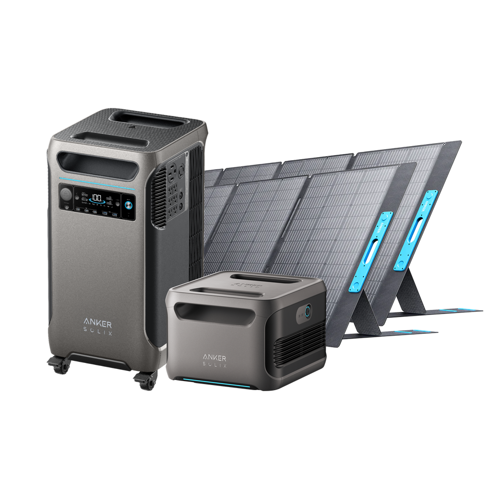 Anker's SOLIX F3800 is a versatile portable solar power system, consisting of a tall power station with a digital display and wheels, accompanied by a smaller box unit and three foldable solar panels with blue accents—perfect for those seeking dependable solar energy on the move.