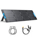 The Anker 531 Solar Panel is a portable unit designed with four foldable sections and offers IP67 waterproof protection. It includes two distinct blue handles and is supported by a stand. Underneath the panel, there are two sets of cables featuring various connectors, highlighting its efficient monocrystalline solar cells.