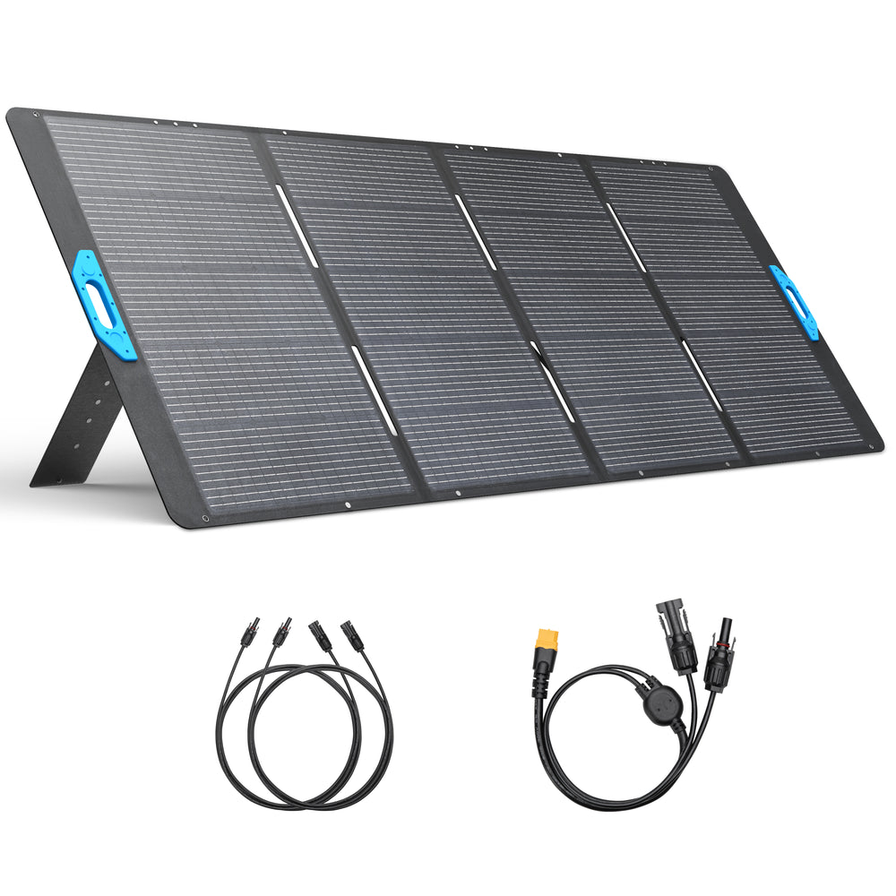 The Anker portable solar panel, part of the SOLIX PS400 series, features four segments and two distinctive blue handles. It is easily supported by a sturdy stand for convenient positioning. Below the panel are two sets of connecting cables equipped with various plug types, designed to maximize solar power conversion efficiency during travel or outdoor use.