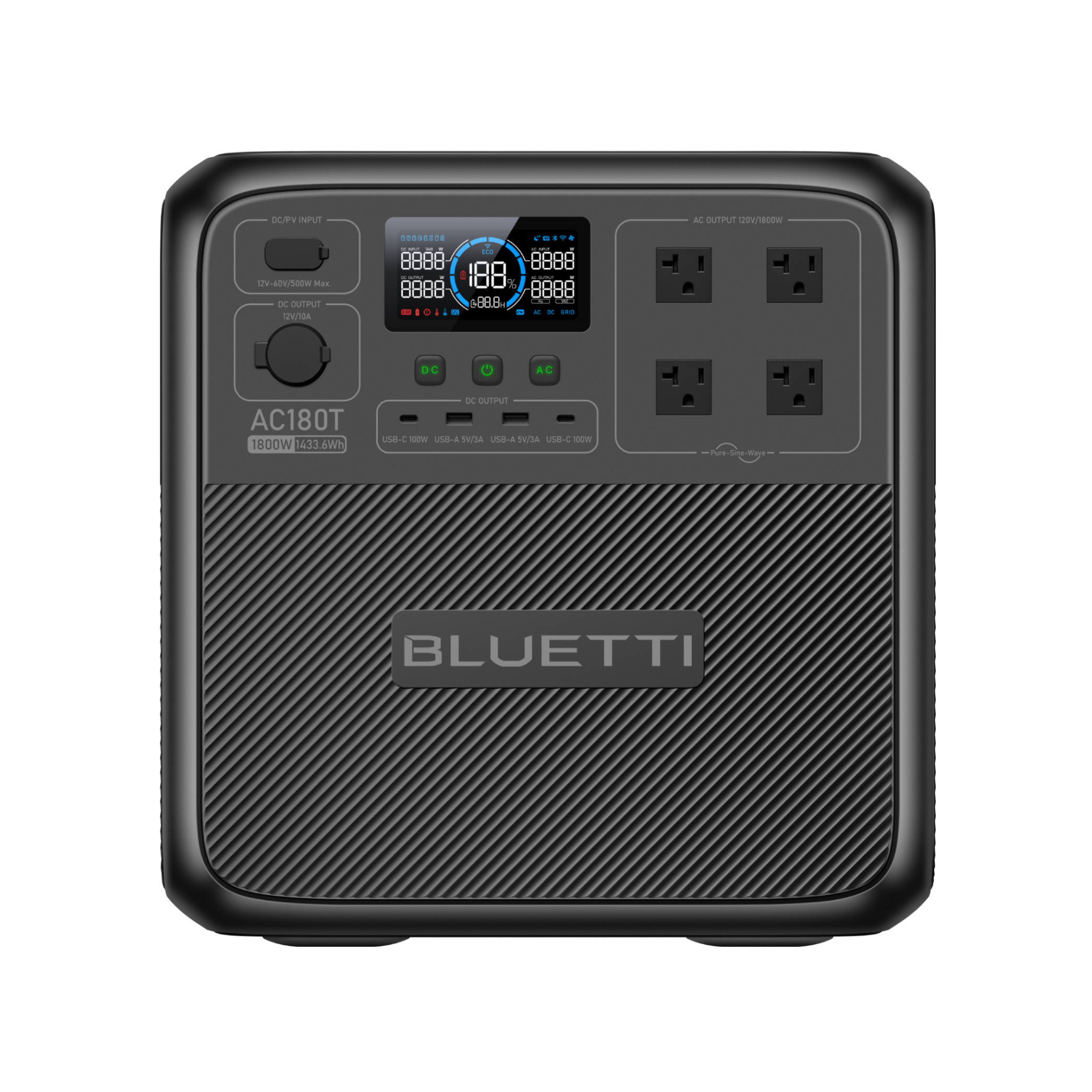 Front view of the Bluetti AC180T portable power station featuring four AC outlets, an LCD display with data readings, control buttons, and a prominent Bluetti logo on its textured panel.
