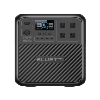 Front view of the Bluetti AC180T portable power station featuring four AC outlets, an LCD display with data readings, control buttons, and a prominent Bluetti logo on its textured panel.