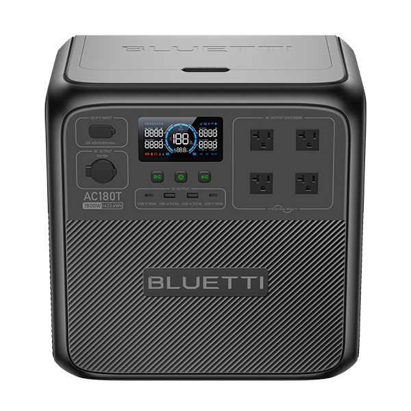 Front view of the Bluetti AC180T portable power station, featuring the Bluetti logo on a textured surface, a display screen, several labeled buttons, and multiple power output ports.