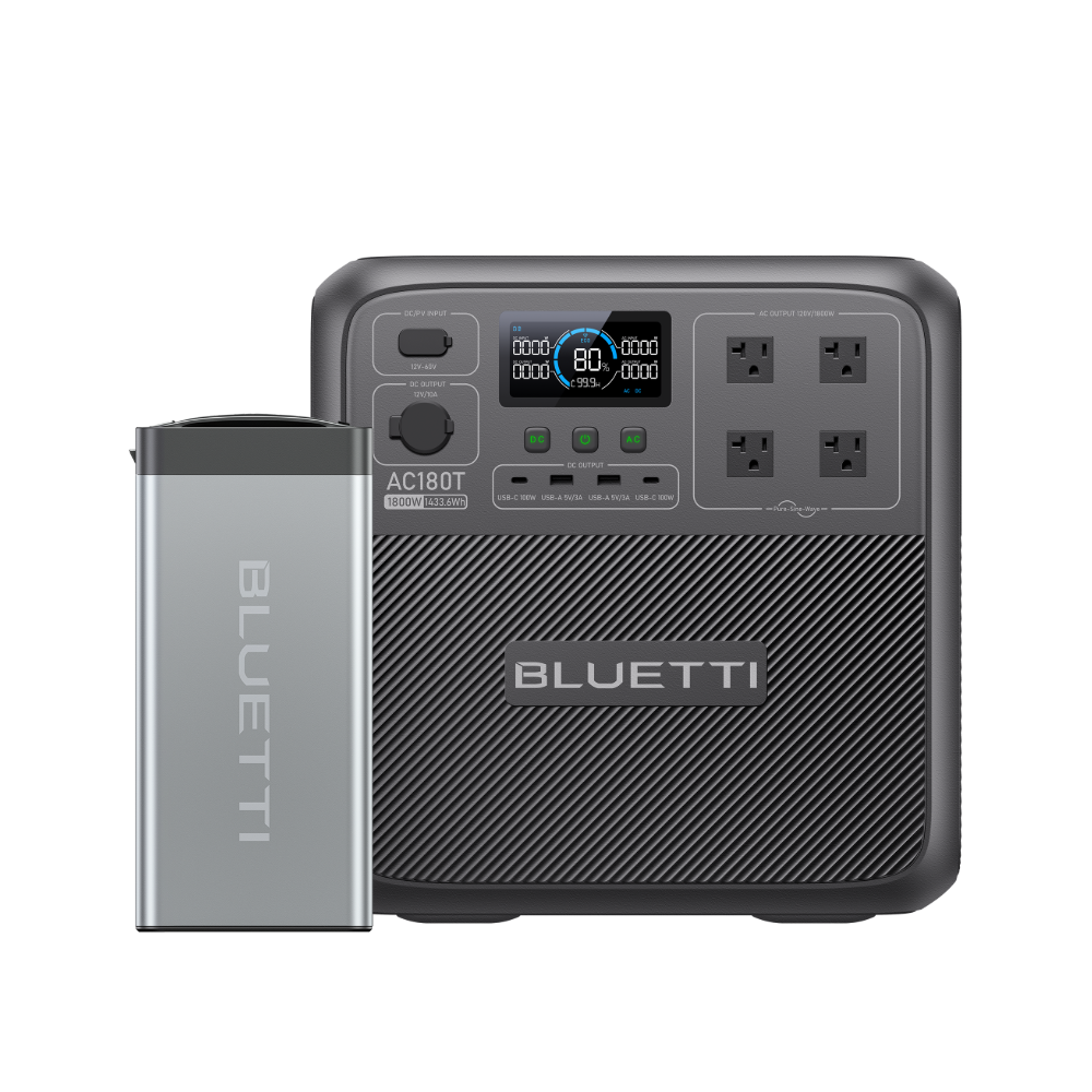 A Bluetti portable power station, featuring four AC outlets, multiple ports, a digital display with control buttons, and an attached slim gray battery pack, all branded with the Bluetti logo on the front.
