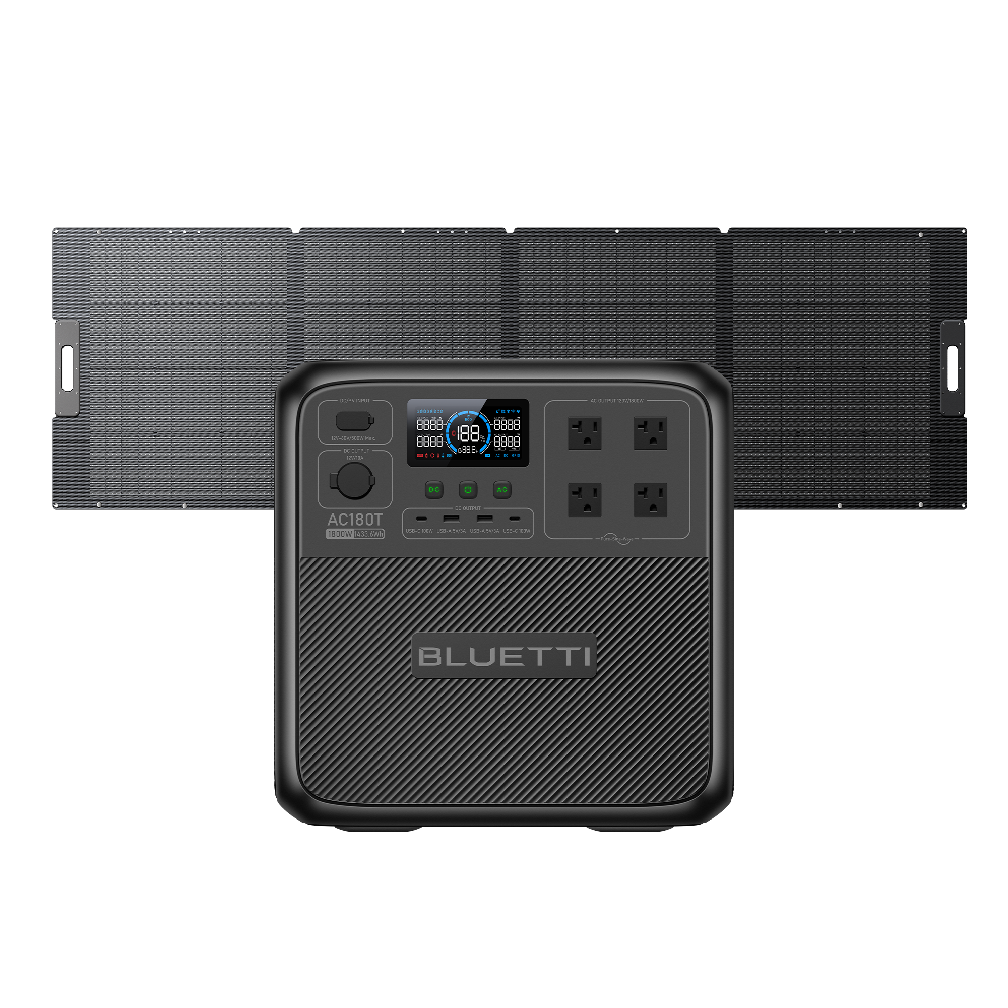 A Bluetti portable power station is displayed in front of a fully extended Bluetti foldable solar panel. The power station features four AC outlets, multiple ports, and a digital display.