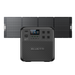 A Bluetti portable power station is displayed in front of a fully extended Bluetti foldable solar panel. The power station features four AC outlets, multiple ports, and a digital display.