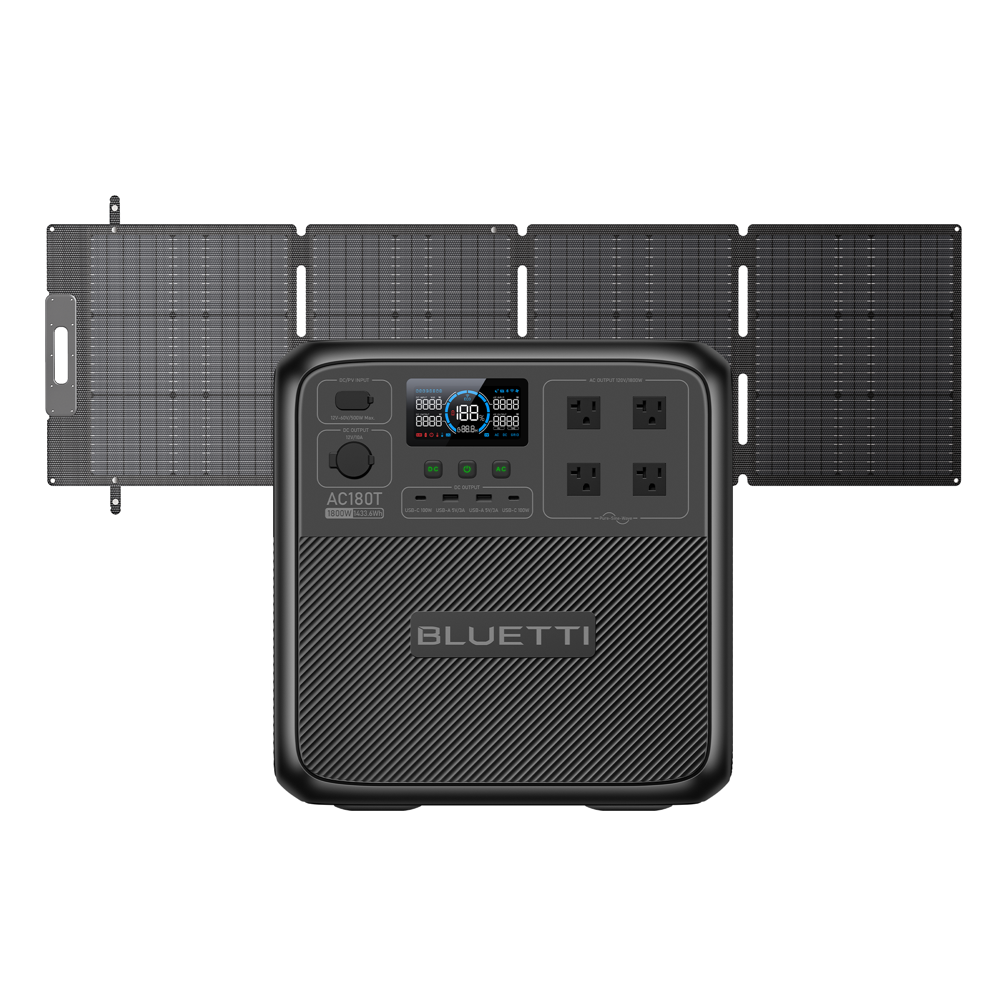 A Bluetti portable power station, featuring multiple outlets and a digital display, is pictured connected to a four-panel solar charger, all set against a white background.