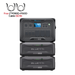 A Bluetti AC500 power station, branded by Bluetti, is pictured with two B300S batteries stacked underneath. The image highlights the screen, outlets, and control buttons. Promotional text offers two free P090D-P150D cables (valued at $216) with purchase, accompanied by images of the included cables.