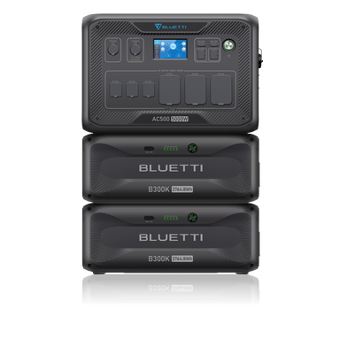 Three stacked Bluetti devices are displayed against a white background; the top unit is a Bluetti AC500 power station featuring multiple ports and a display, with two Bluetti B300 battery modules stacked beneath it.