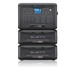 Three stacked Bluetti devices are displayed against a white background; the top unit is a Bluetti AC500 power station featuring multiple ports and a display, with two Bluetti B300 battery modules stacked beneath it.