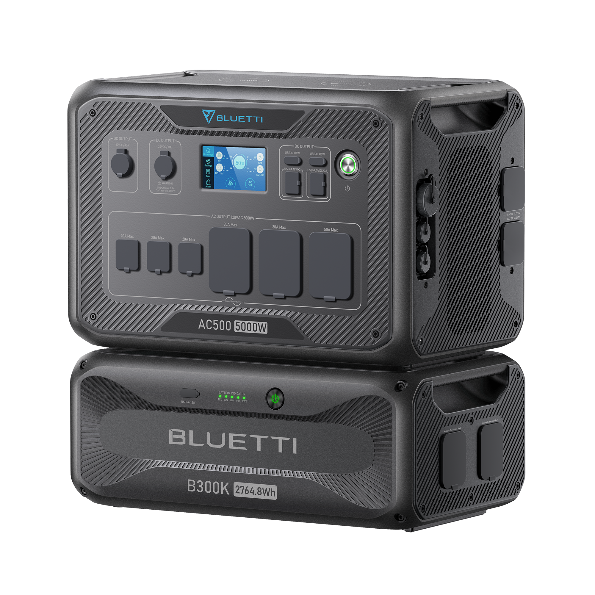Two stacked black Bluetti portable power stations are shown. The top unit, labeled “AC500 5000W,” features a display screen and multiple outlets, while the bottom unit is marked “B300S 2764.8Wh.” Both have handles and side vents.