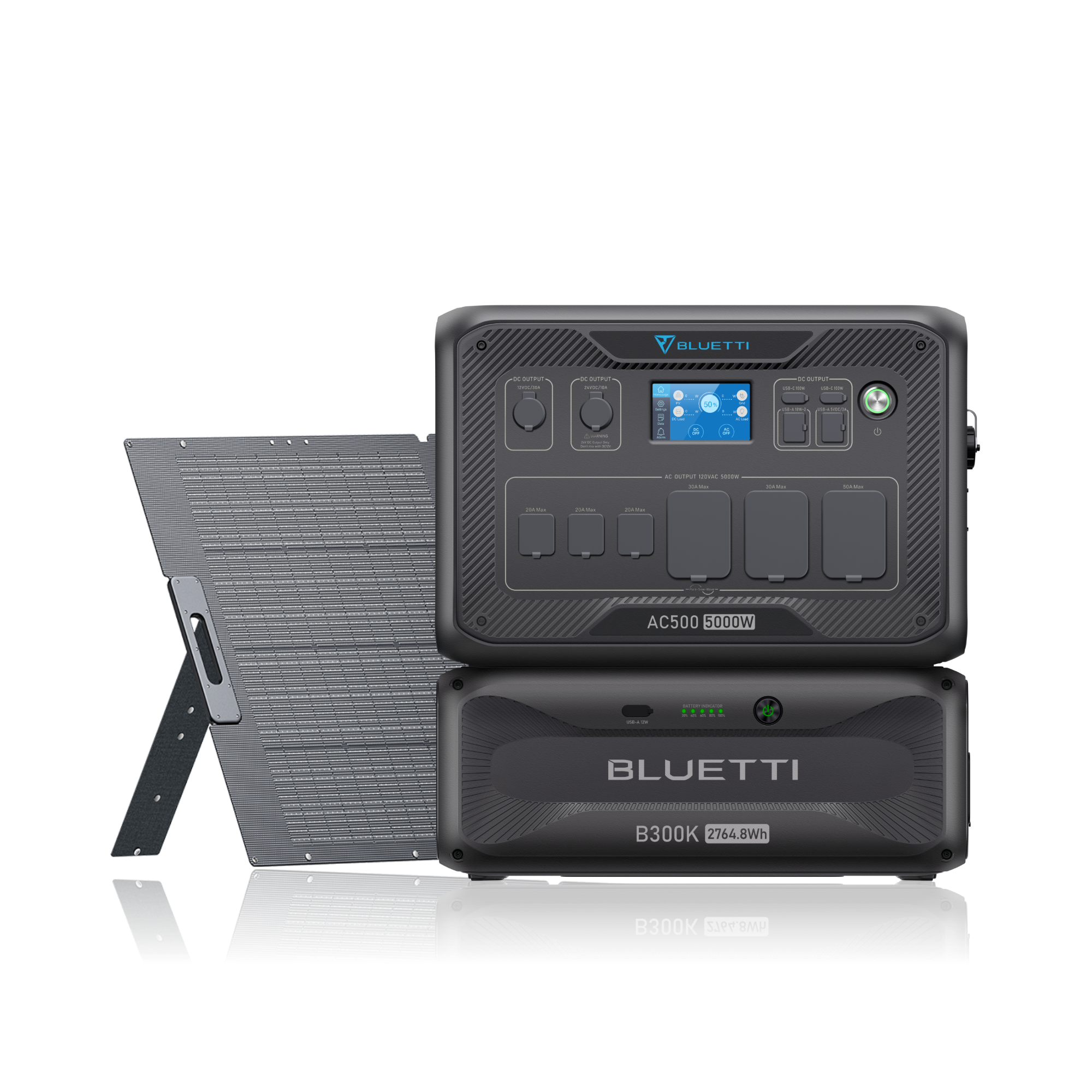A Bluetti-branded AC500 portable power station is stacked with a B300S battery module, while a foldable solar panel sits to the left. Both devices showcase multiple outlets and an easy-to-read digital display.