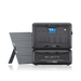 A Bluetti-branded AC500 portable power station is stacked with a B300S battery module, while a foldable solar panel sits to the left. Both devices showcase multiple outlets and an easy-to-read digital display.